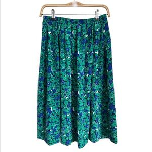 Vintage Leslie Fay Green and Blue Floral Midi Skirt Elasticized Waist Size 8